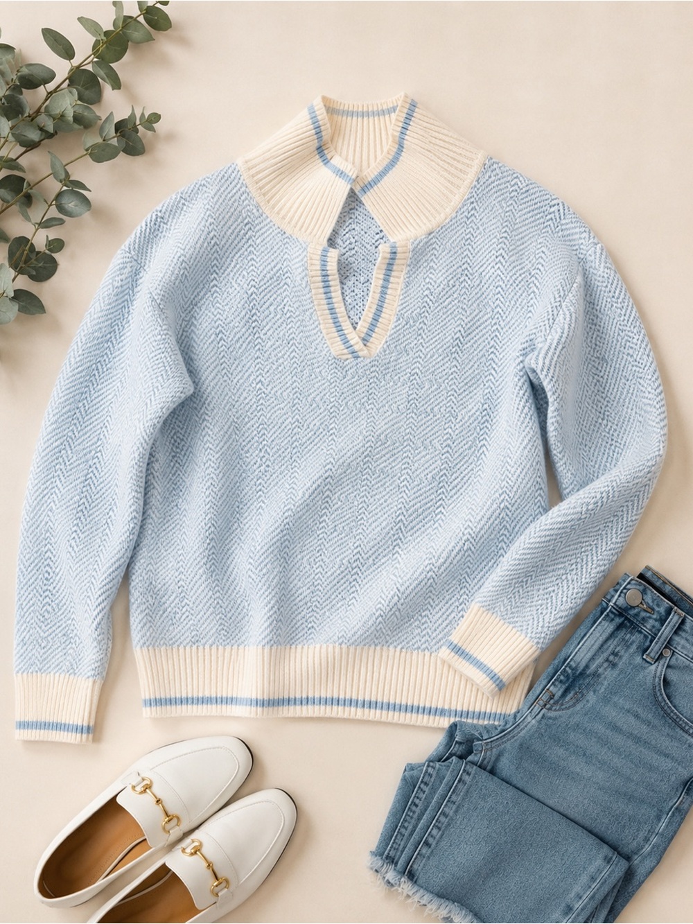 Light Blue Knit Sweater with White Trim